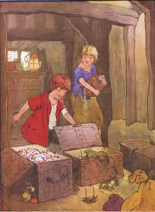 On opening the chests, they found them full of wonderful, gem, jewels and diamonds On opening the chests, they found them full of wonderful, gem, jewels and diamonds