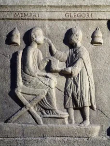 An ophthalmologist examines the eyes of his patient (Lower relief, 2nd century) An ophthalmologist examines the eyes of his patient (Lower relief, 2nd century)