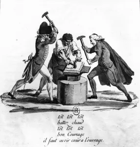 The Three Orders, forging the New Constitution on an Anvil, 1789 (engraving) (b/w photo) The Three Orders, forging the New Constitution on an Anvil, 1789 (engraving) (b/w photo)