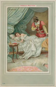 Othello approaches the sleeping Desdemona (colour litho) Othello approaches the sleeping Desdemona (colour litho)