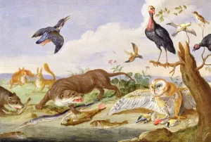 An Otter and an Owl Guarding their Catches (oil on copper) An Otter and an Owl Guarding their Catches (oil on copper)