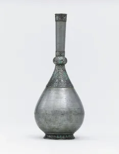 Olden Time Gallery: An Ottoman turquoise inset silver mounted zinc bottle (turquoise, zinc, silver)