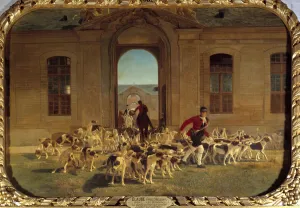 The pack leaving the grand stables of Chantilly Painting by Jean Maxime Claude (1824-1904 The pack leaving the grand stables of Chantilly Painting by Jean Maxime Claude (1824-1904