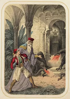Padmanabha and Hassan, a scene from One Thousand and One Nights (colour litho)