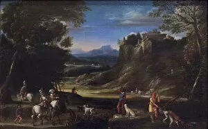 Hunters Gallery: Paesaggio boscoso con scena di caccia, 1603 circa, (oil on canvas)