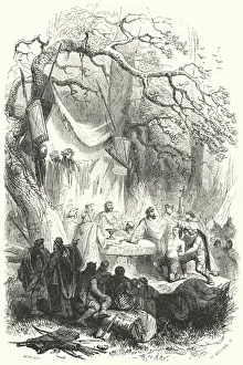 Pagan human sacrifice interrupted by the arrival of Christian missionaries (engraving) Pagan human sacrifice interrupted by the arrival of Christian missionaries (engraving)