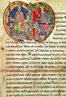 Page from the Charter of Kelso Abbey with an illuminated initial depicting King David I (1084-1153) Page from the Charter of Kelso Abbey with an illuminated initial depicting King David I (1084-1153)