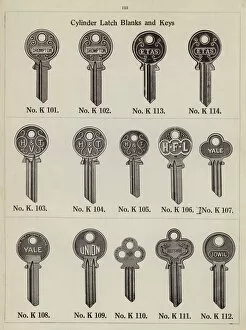 Blanks Gallery: Page from metalwork catalogue: Cylinder latch blanks and keys (litho)