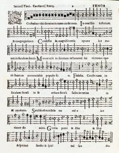 Page of musical score of Confitebor tibi dominine psalm dedicated to Palestrina by Page of musical score of Confitebor tibi dominine psalm dedicated to Palestrina by