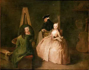 The painter's studio The painter in front of his easel portrays a young woman The painter's studio The painter in front of his easel portrays a young woman