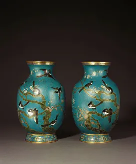 A pair of cloisonne enamel Magpie vases finely enamelled with twelve magpies in A pair of cloisonne enamel Magpie vases finely enamelled with twelve magpies in