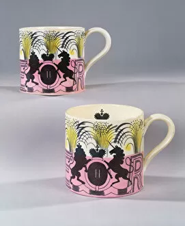 Drinking Utensil Gallery: A pair of Wedgewood mugs commemorating the coronation of Her Majesty Queen Elizabeth II