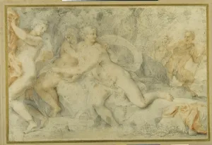 Pan and a companion surprise three nymphs bathing (red black chalks on white paper) Pan and a companion surprise three nymphs bathing (red black chalks on white paper)