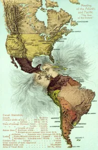 The Panama Canal, Pacific and Atlantic oceans kissing (colour litho) The Panama Canal, Pacific and Atlantic oceans kissing (colour litho)