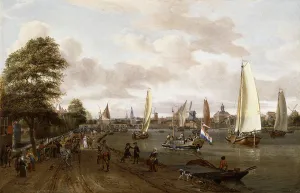 A Panoramic View of Amsterdam with a barge and smallships on the Buiten-Amstel A Panoramic View of Amsterdam with a barge and smallships on the Buiten-Amstel
