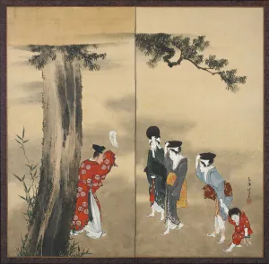 Paper two-fold screen: A Shinto Priest, Three Women and a Child under a Pine Tree Paper two-fold screen: A Shinto Priest, Three Women and a Child under a Pine Tree