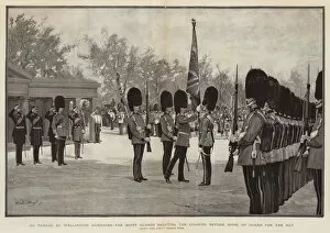 Wellington Barracks Gallery: On Parade at Wellington Barracks, the Scots Guards saluting the Colours before going on Guard for the Day (engraving)