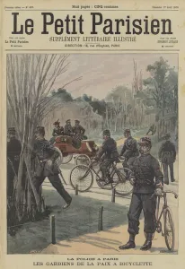 Paris policemen using bicycles (colour litho) Paris policemen using bicycles (colour litho)