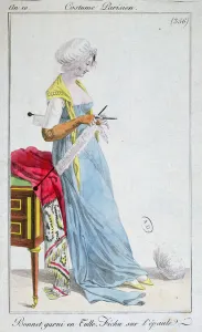 Parisian costume: bonnet trimmed with tulle, fichu on the shoulders Parisian costume: bonnet trimmed with tulle, fichu on the shoulders