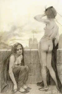 Two partially-clad women by a wall in a city, 1897 (etching) Two partially-clad women by a wall in a city, 1897 (etching)