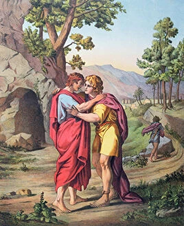 The Parting of David and Jonathan, illustration from a catechism, c.1860 (colour litho)