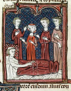 A patient in bed surrounding by doctors (Miniature, 14th century) A patient in bed surrounding by doctors (Miniature, 14th century)