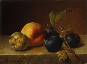 A Peach and Plums on a Marble Ledge, 1860 (oil on panel) A Peach and Plums on a Marble Ledge, 1860 (oil on panel)