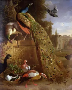 Peacock and a Peahen on a Plinth, with Ducks and Other Birds in a Park Peacock and a Peahen on a Plinth, with Ducks and Other Birds in a Park