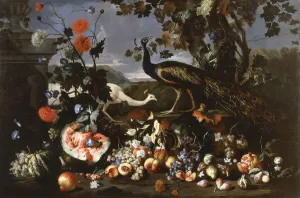 A Peacock and a Penhen with Fruit and Flowers in a Park, (oil on canvas) A Peacock and a Penhen with Fruit and Flowers in a Park, (oil on canvas)