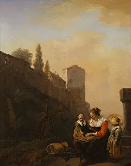 A Peasant and two Children resting in front of a Tower in Italy (oil on canvas)