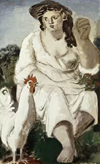 Peasant Girl and White Cockerel, (gouache and pencil)