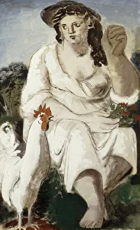 Third Class Gallery: Peasant Girl and White Cockerel, (gouache and pencil)