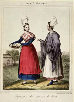 Peasant women in the vicinity of Caen - lithography, 19th century