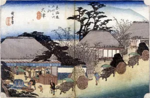 Peasants crossing a village with their carts - Japanese print, 19th century Peasants crossing a village with their carts - Japanese print, 19th century