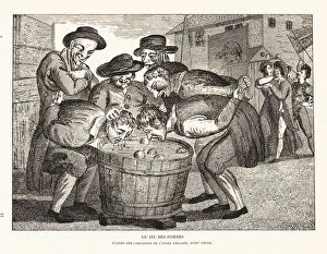 Freetime Gallery: Peasants ducking for apples in a barrel, 18th century.1906 (lithograph)