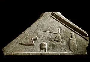 Pediment decorated with knives and butcher objects, 1st century BC (low relief) Pediment decorated with knives and butcher objects, 1st century BC (low relief)
