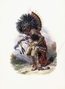 Pehriska-Ruhpa, Moennitarri Warrior in the Costume of the Dog Danse, 1840 (etching Pehriska-Ruhpa, Moennitarri Warrior in the Costume of the Dog Danse, 1840 (etching