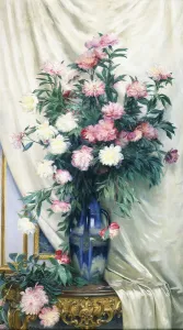 Peonies in a Blue Vase on a Draped Regency Giltwood Console Table, (oil on canvas) Peonies in a Blue Vase on a Draped Regency Giltwood Console Table, (oil on canvas)