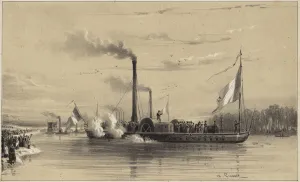 People on the shore waving off a steamship (litho) People on the shore waving off a steamship (litho)