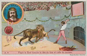 Pepin the short (752-768) attacking the head of the lion and the bull (chromolitho)
