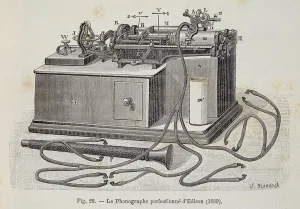 The perfected phonograph of Edison (1889) - in Physique Populaire ' by Emile Desbeaux, 1891 The perfected phonograph of Edison (1889) - in Physique Populaire ' by Emile Desbeaux, 1891