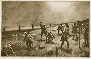 Perils of wiring work: frozen by the cold glare of a star-shell, 1914-19 (litho) Perils of wiring work: frozen by the cold glare of a star-shell, 1914-19 (litho)