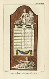 A perpetual calendar with months and days of the week, decorated with classical vignettes of a woman with cornucopia