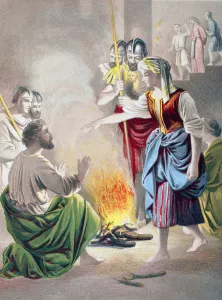 Peter denies knowing Jesus when asked by the high priests servant girl (colour Peter denies knowing Jesus when asked by the high priests servant girl (colour