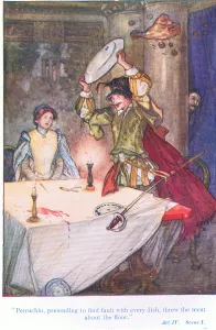 Pettruchio, pretending to find fault with every dish, threw the meat about the floor Pettruchio, pretending to find fault with every dish, threw the meat about the floor