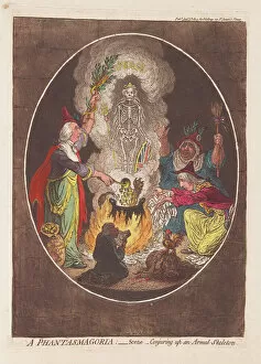 Napoleonic War Gallery: A Phantasmagoria: Scene - Conjuring up an Armed Skeleton, pub. 1803 (hand coloured engraving)