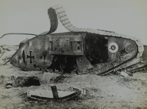 Photograph of disabled British made tank with German markings (b/w photo) Photograph of disabled British made tank with German markings (b/w photo)