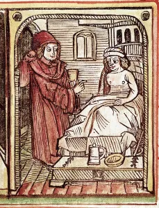 A physician gives to his patient a treatment made with medicinal plants Engraving A physician gives to his patient a treatment made with medicinal plants Engraving