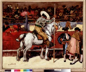 Picador and matador in the bullfighting scene arena. Painting by Marcel Leprin (1891-1931) Dim Picador and matador in the bullfighting scene arena. Painting by Marcel Leprin (1891-1931) Dim