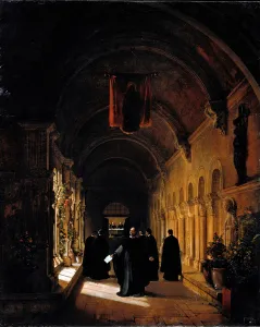 Pierre Abailard (or Abelard, 1079-1142) in a cloister. Painting by Francois-Marius Pierre Abailard (or Abelard, 1079-1142) in a cloister. Painting by Francois-Marius